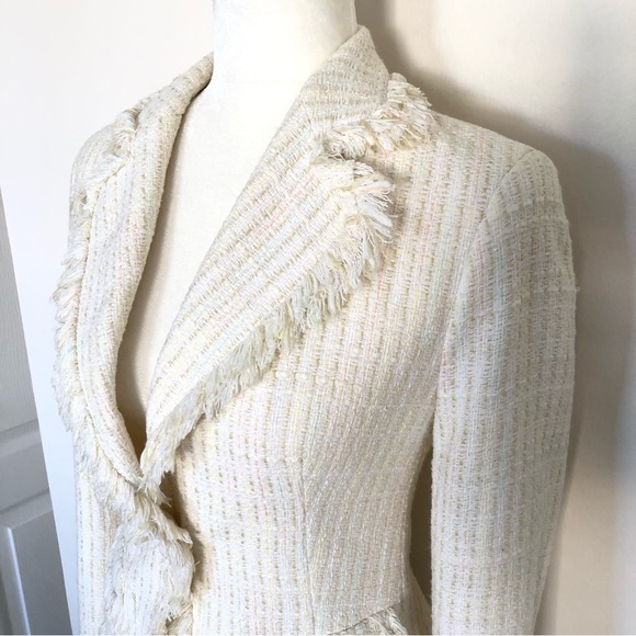 Zara Women’s Cream Sparkly Tweed Fringe Trim Blazer Jacket Size 4 - Picture 8 of 13